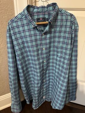 Vineyard Vines Teal and Navy Plaid Button-Down Shirt XL